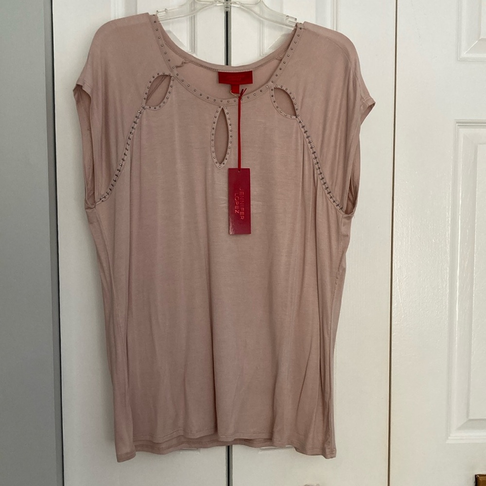 NWT XL Jennifer Lopez pink jeweled cutout tee